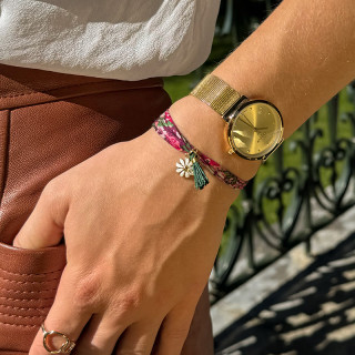 Bracelet Cordon Liberty doré fleur et pompon vert