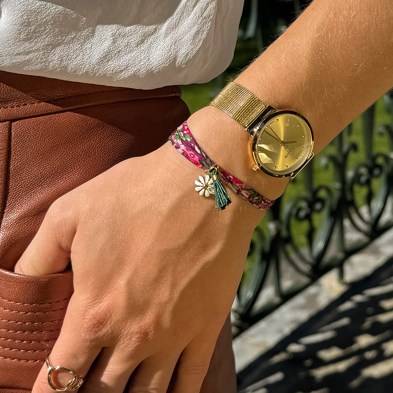 Bracelet Cordon Liberty doré fleur et pompon vert