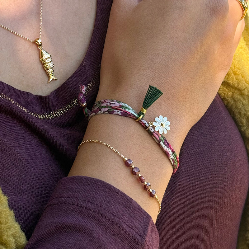 Bracelet Cordon Liberty doré fleur et pompon vert