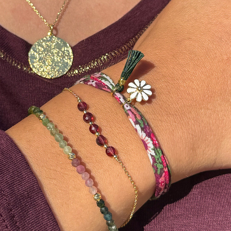 Bracelet Cordon Liberty doré fleur et pompon vert