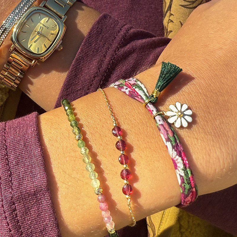 Bracelet Cordon Liberty doré fleur et pompon vert