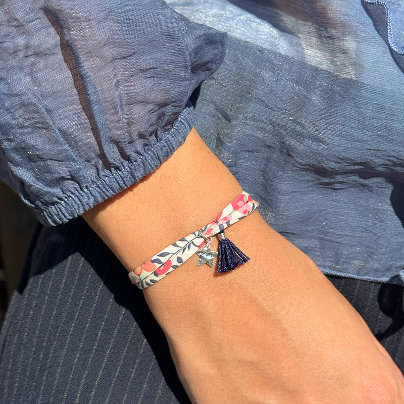 Bracelet Cordon Liberty Argent étoile et pompon bleu