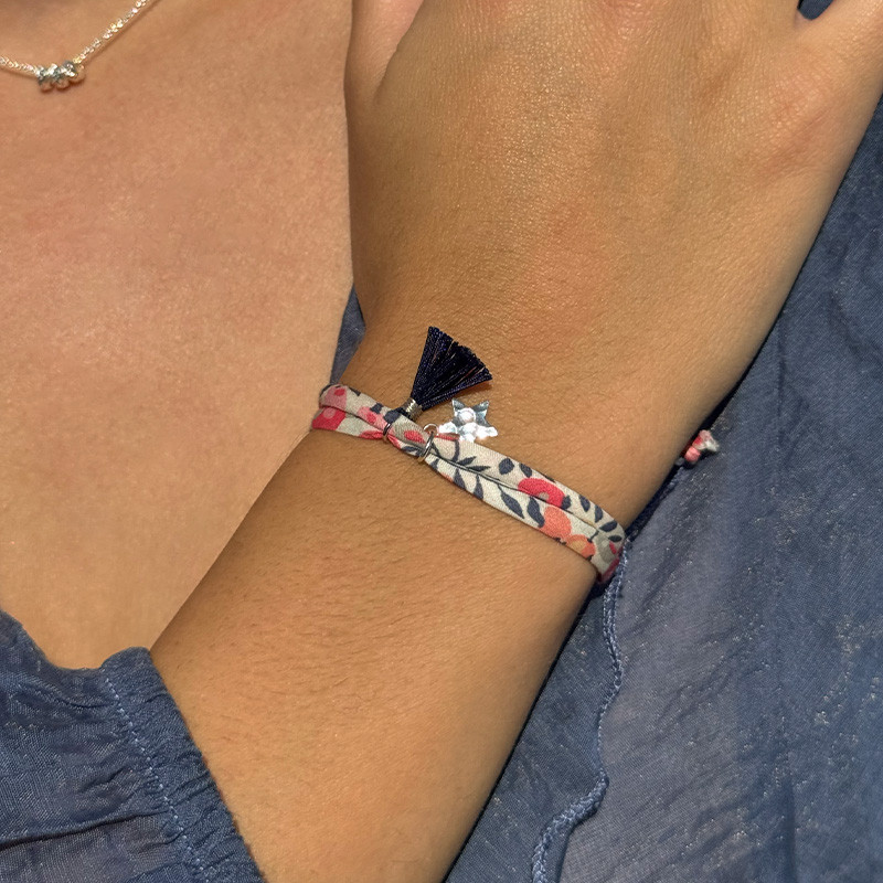 Bracelet Cordon Liberty Argent étoile et pompon bleu