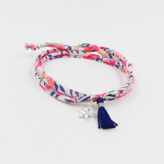 Bracelet Cordon Liberty Argent étoile et pompon bleu