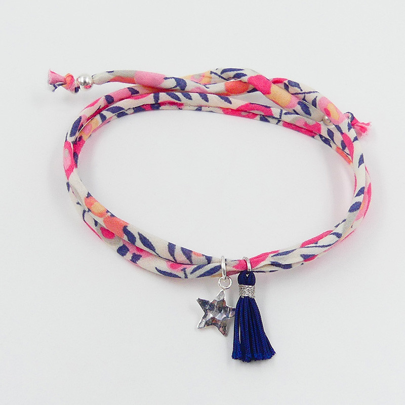 Bracelet Cordon Liberty Argent étoile et pompon bleu