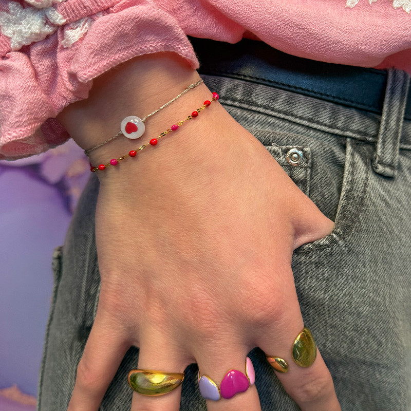 Bracelet Cordon Doré nacre coeur rose