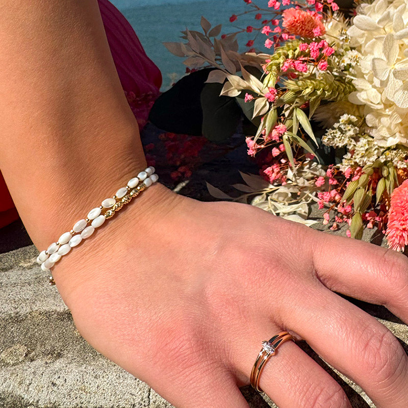 Bracelet plaqué or double rangs nacre