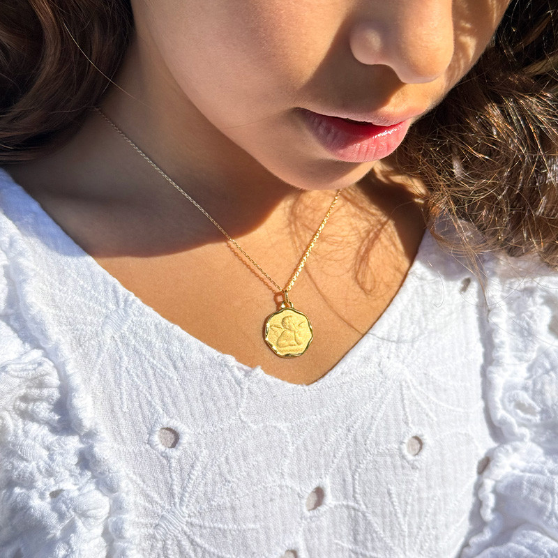 Collier Enfant Plaqué or Médaille ange 18 mm