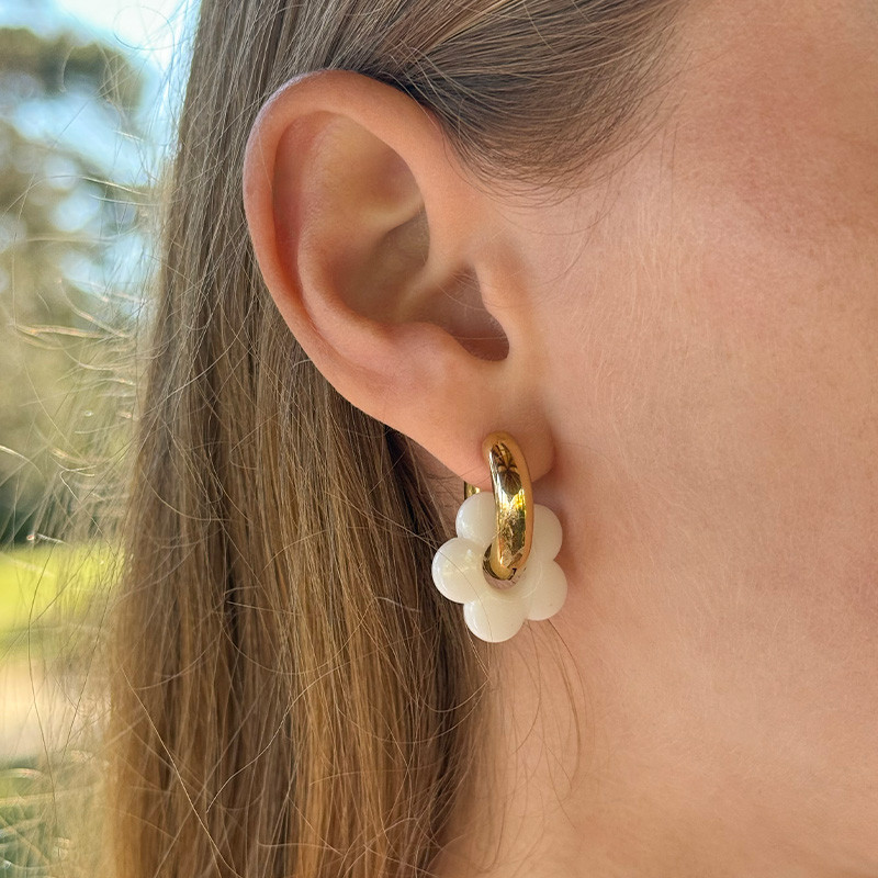 Créoles bouées 20mm acier doré et fleur