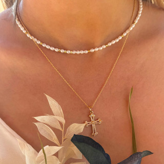 Collier Plaqué Or Croix strass