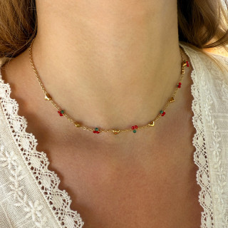 Collier acier doré cerise et coeur