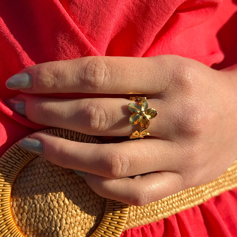 Bague ajustable acier doré fleur