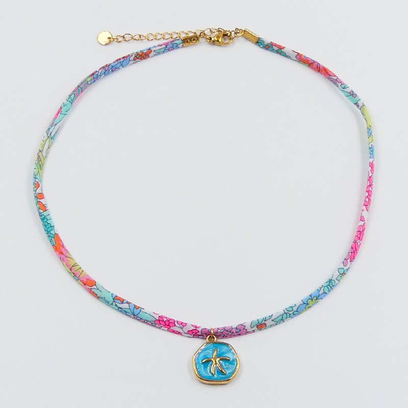 Collier Cordon Liberty coloré & étoile de mer bleue