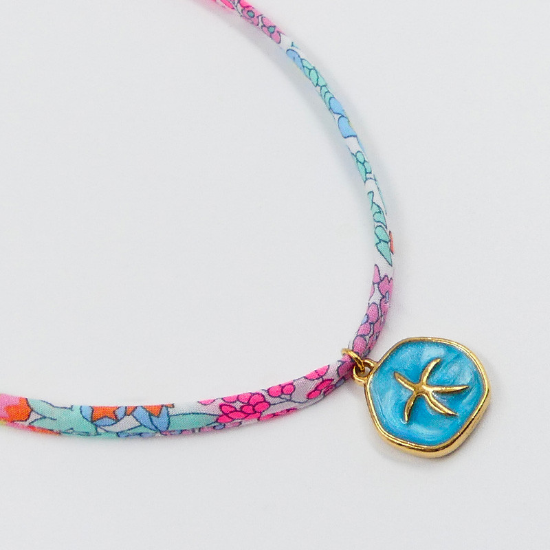 Collier Cordon Liberty coloré & étoile de mer bleue
