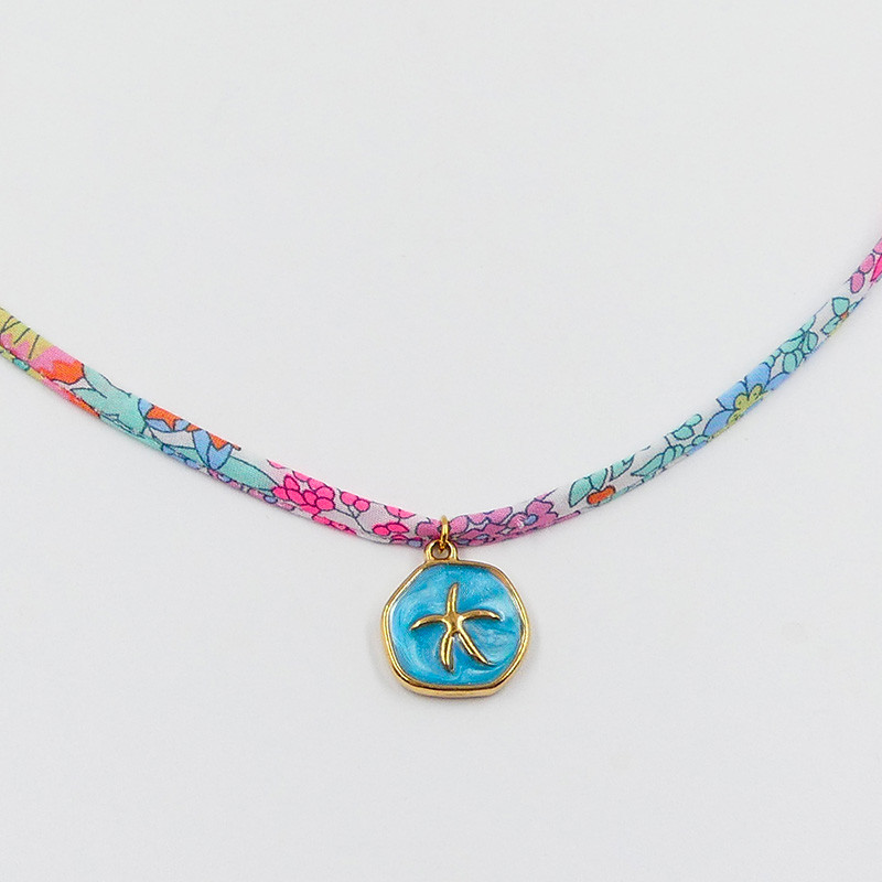 Collier Cordon Liberty coloré & étoile de mer bleue