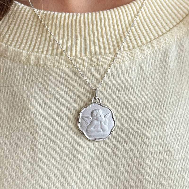 Collier Enfant Argent Médaille ange 18 mm
