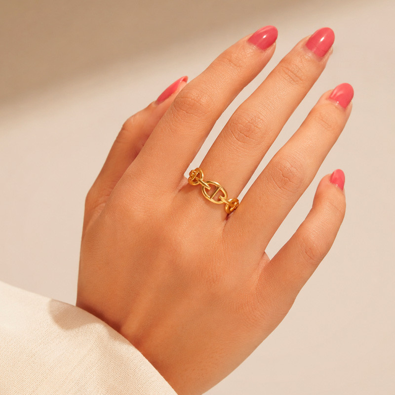 Bague ajustable acier doré maille marine