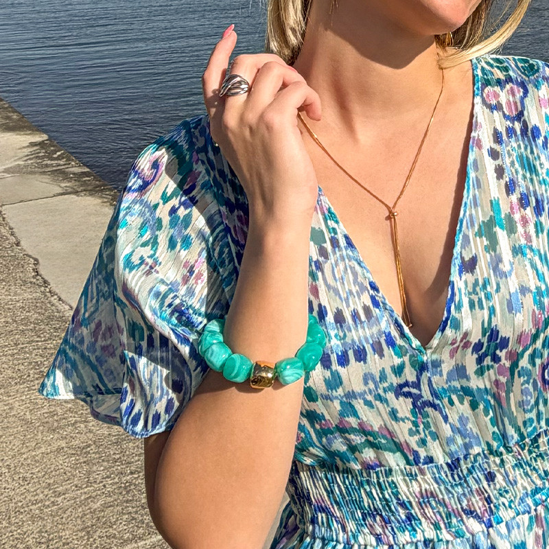 Jonc perles Amazonite Bleue & perle acier doré