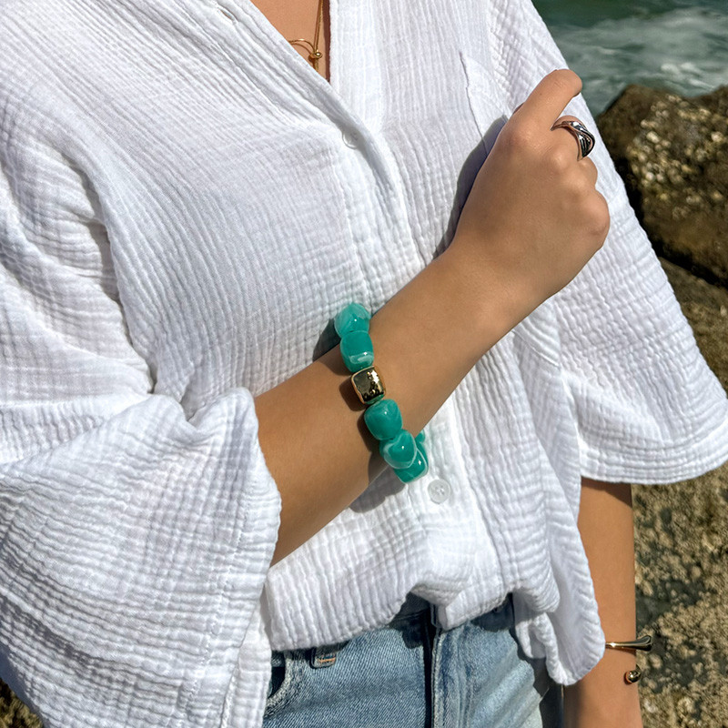 Jonc perles Amazonite Bleue & perle acier doré