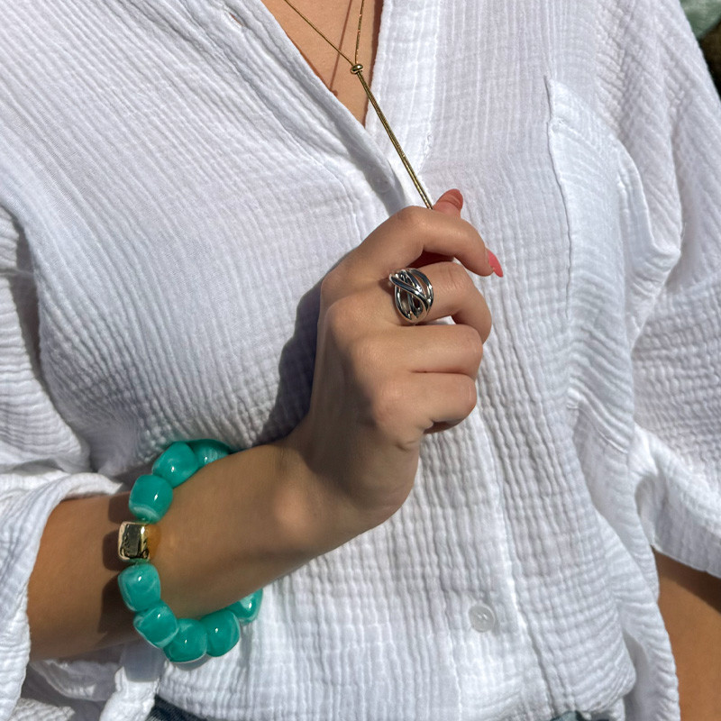 Jonc perles Amazonite Bleue & perle acier doré