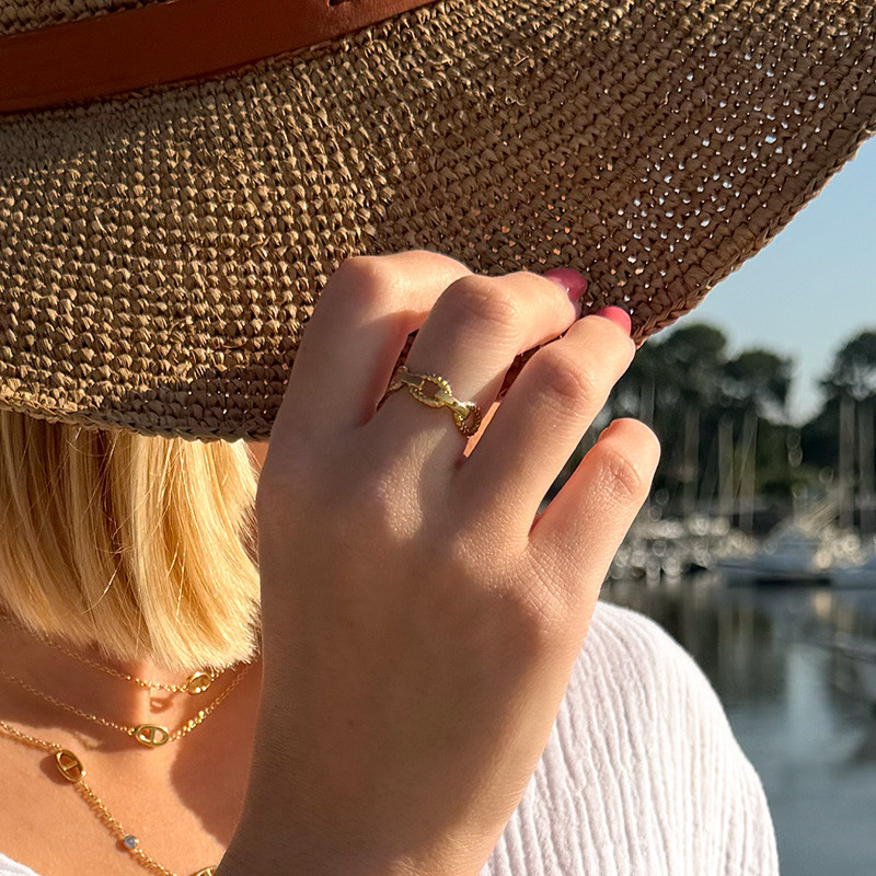 Bague Ajustable Acier Doré Maille Marine