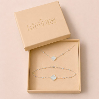 Coffret argent parure trèfle nacre