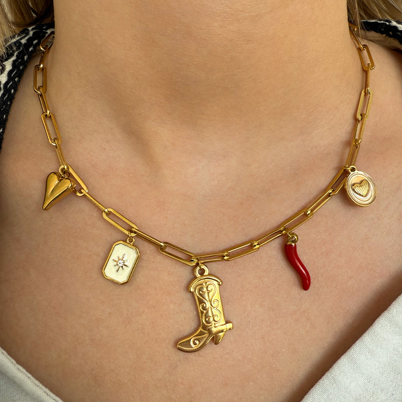 Collier Charms Western Chic en Acier Inoxydable Doré