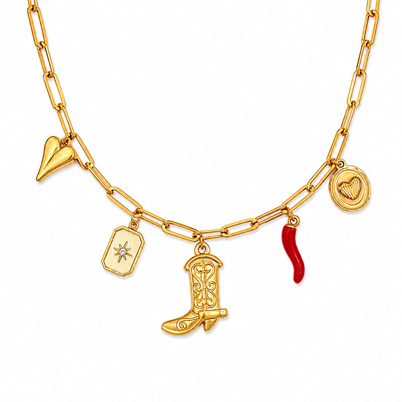 Collier Charms Western Chic en Acier Inoxydable Doré