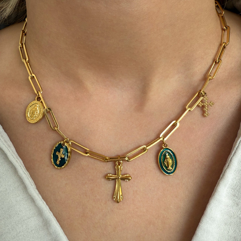 Collier Charms Croix & Médailles en Acier Inoxydable Doré