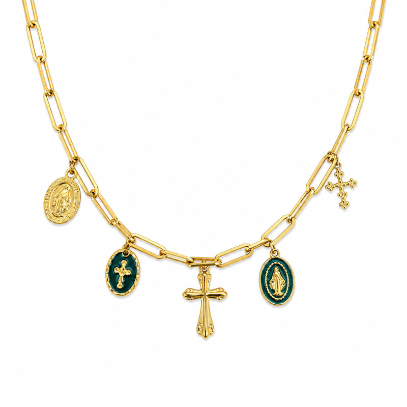 Collier Charms Croix & Médailles en Acier Inoxydable Doré