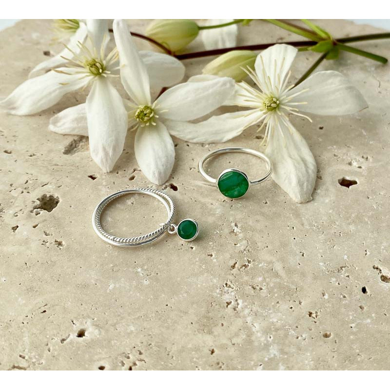 Bague Argent double anneaux Onyx Vert