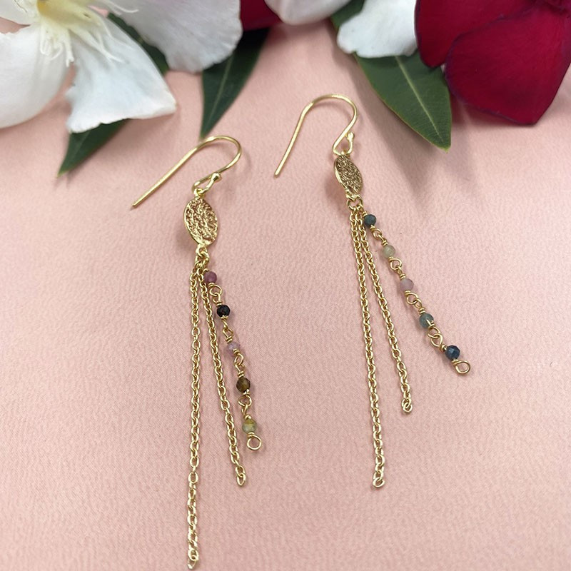 Boucles d'oreilles Dorées pendantes Tourmaline