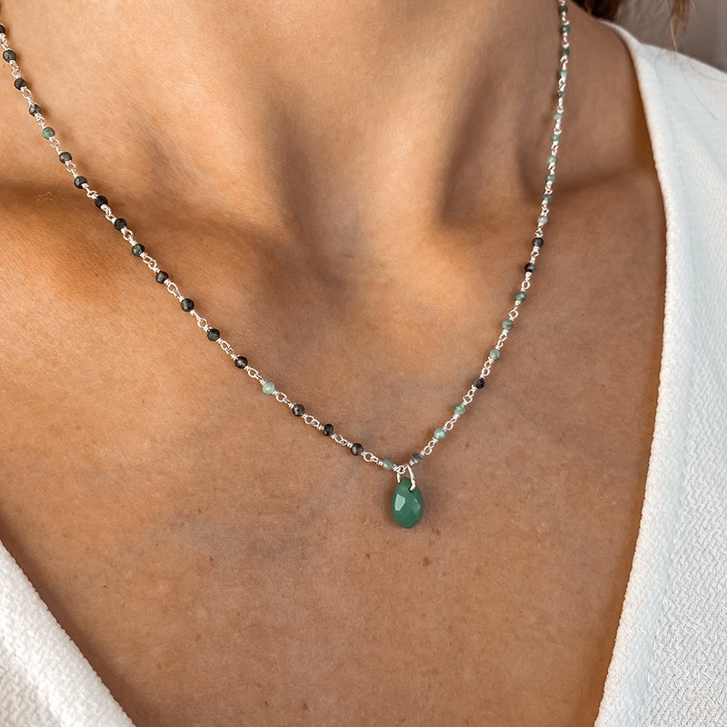Collier Argent Links et pendentif Onyx Vert