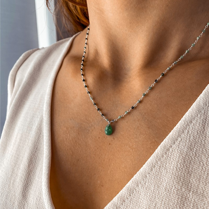Collier Argent Links et pendentif Onyx Vert