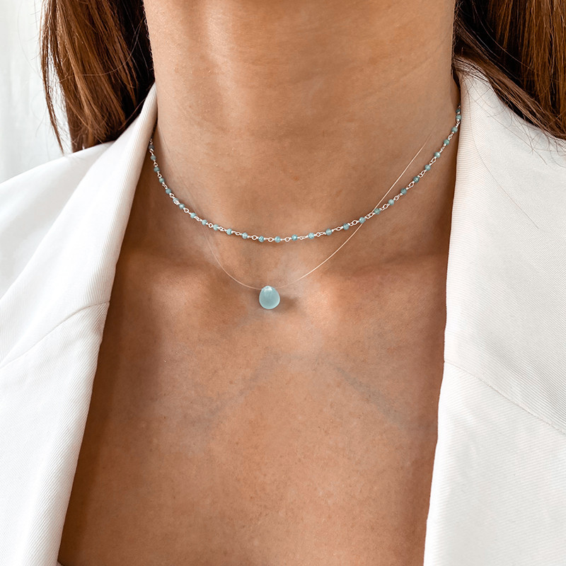 Collier Nylon Goutte Aqua Calcédoine