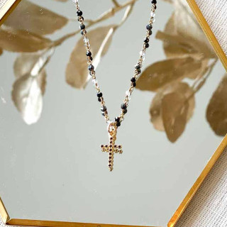 Collier Doré links noir et croix