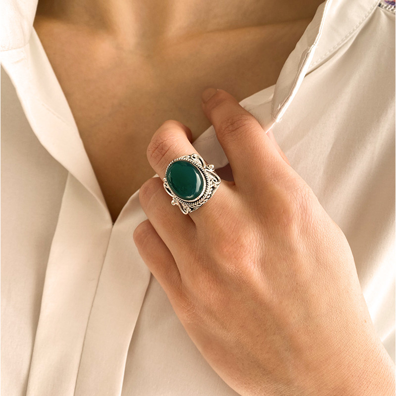 Bague Argent Baroque Onyx Vert