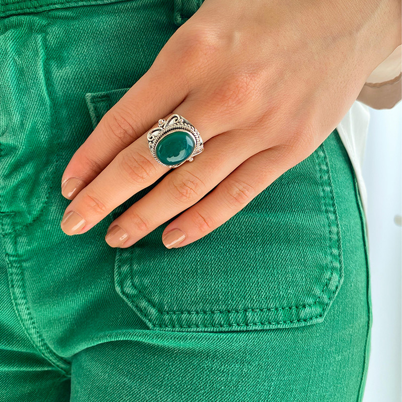 Bague Argent Baroque Onyx Vert