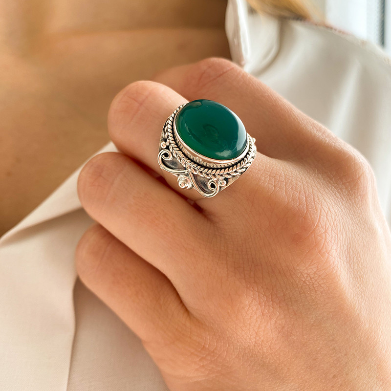 Bague Argent Baroque Onyx Vert
