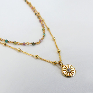 Collier Plaqué or double Tourmaline et Chaine Boule