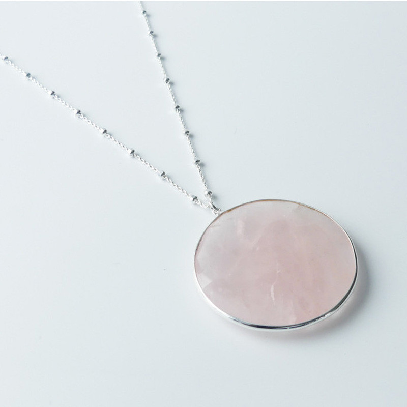 Sautoir Argent Grande Pierre Quartz Rose