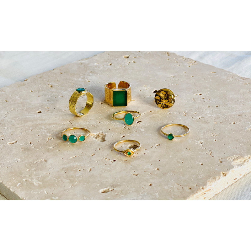 Bague Dorée Solitaire Onyx Vert