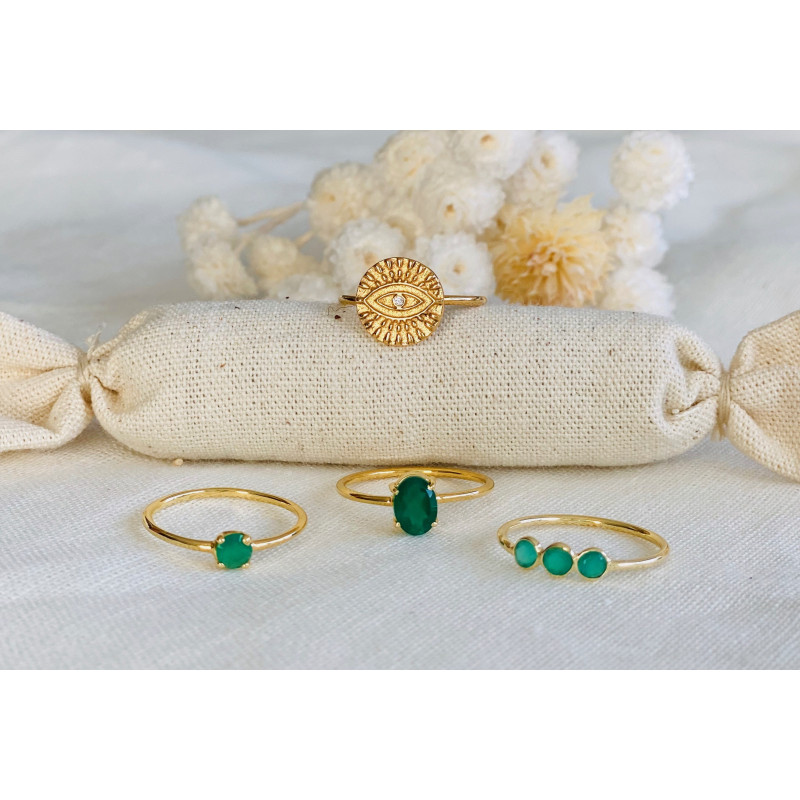 Bague Dorée Solitaire Onyx Vert