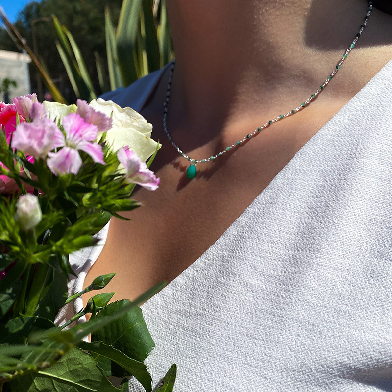 Collier Argent Links et pendentif Onyx Vert