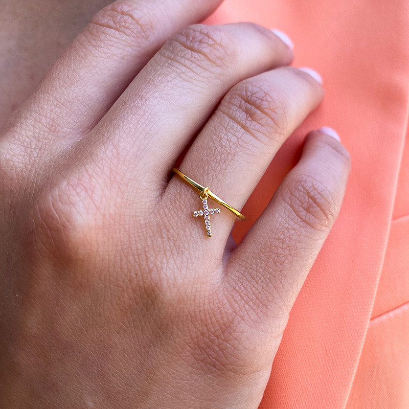 Bague Dorée pampille croix strass